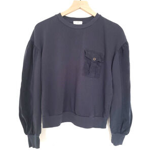 t.la Anthropologie SIZE S Women Navy Blue Long Sleeve Pullover Blouse Top Pockec